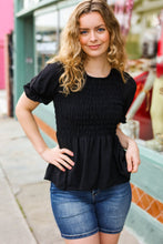 Load image into Gallery viewer, All For You Black Smocked Peplum Puff Sleeve Top