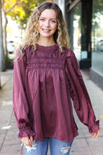 Load image into Gallery viewer, Be Your Best Wine Satin Shirred Yoke Frilled Mock Neck Top
