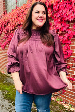 Load image into Gallery viewer, Be Your Best Wine Satin Shirred Yoke Frilled Mock Neck Top