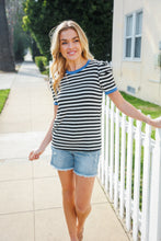 Load image into Gallery viewer, Seize The Day Blue Trim Black &amp; Ivory Stripe Knit Top
