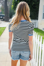 Load image into Gallery viewer, Seize The Day Blue Trim Black &amp; Ivory Stripe Knit Top
